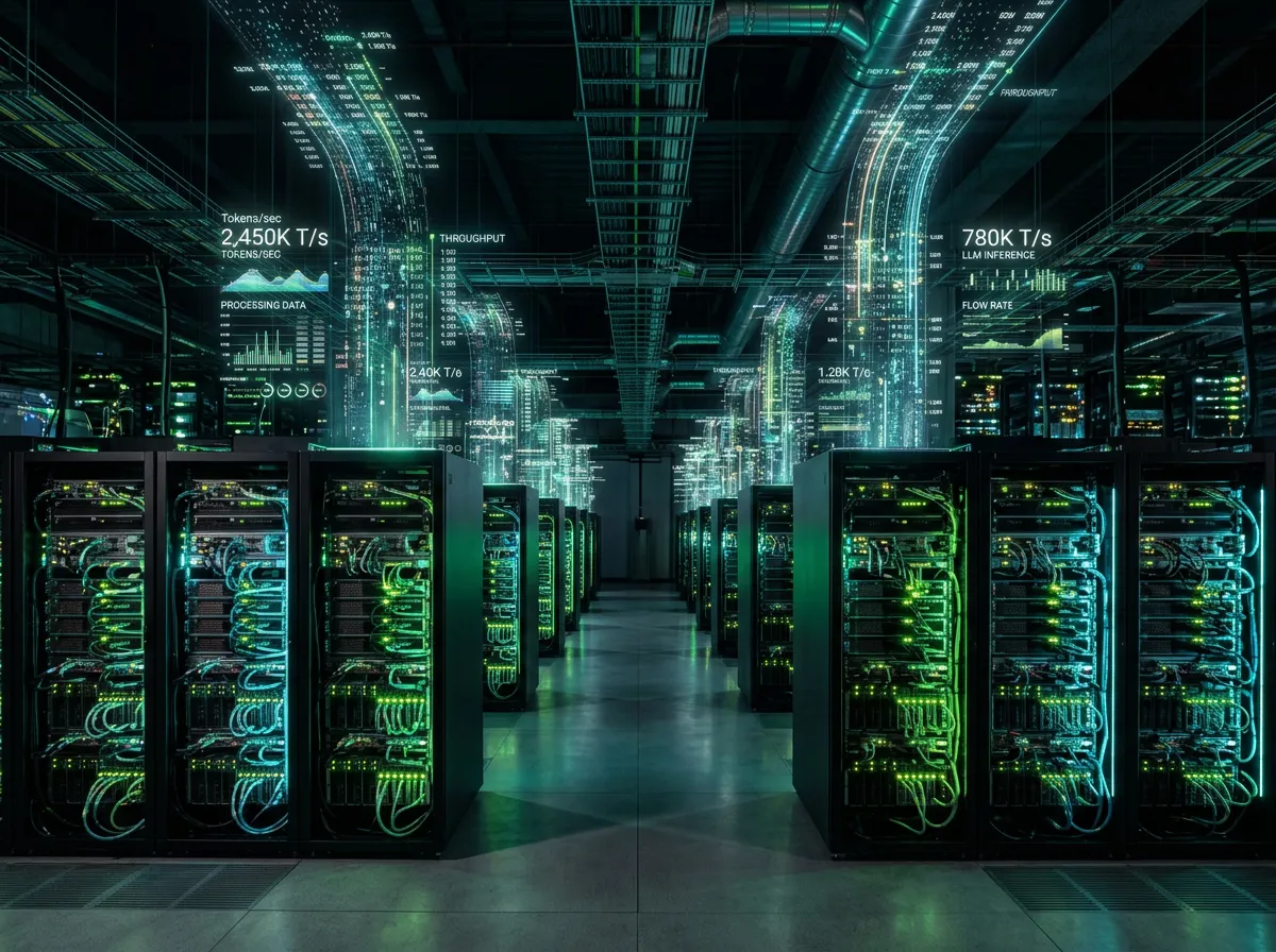 NVIDIA Blackwell GPU-rack i et datasenter med høy gjennomstrømning for LLM-inferens
