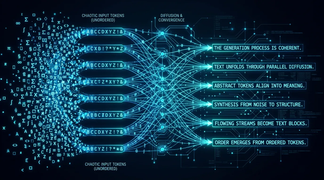 Visualisering av text diffusion: tilfeldige tokens som transformeres til sammenhengende tekst parallelt