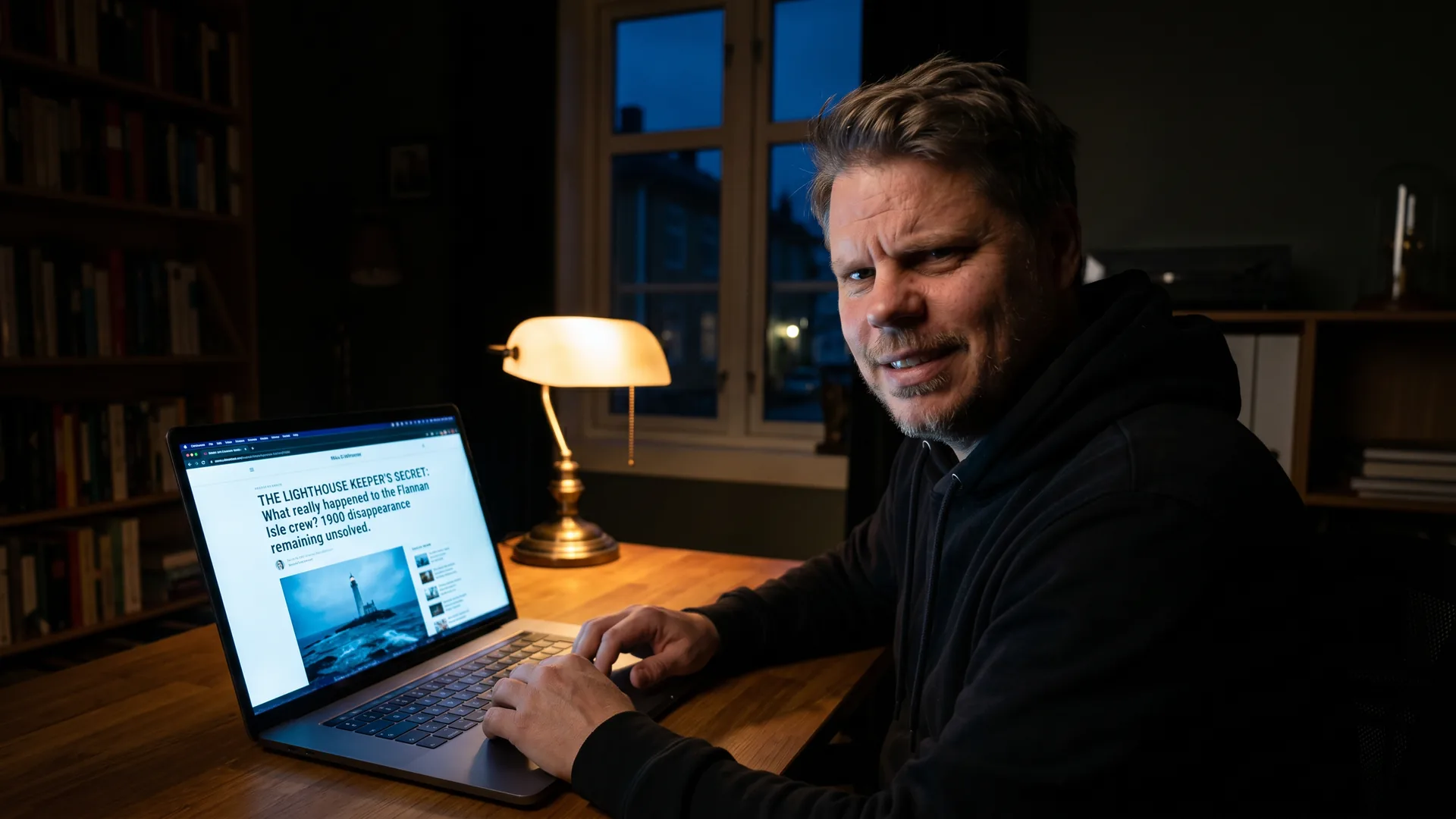 Jan Sverre ser forvirret og amuset på en skjerm med tekst om en fyrvokter