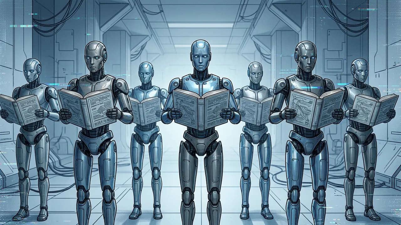 Flere identiske roboter som leser den samme boken - illustrasjon av AI-repetisjonsmønster