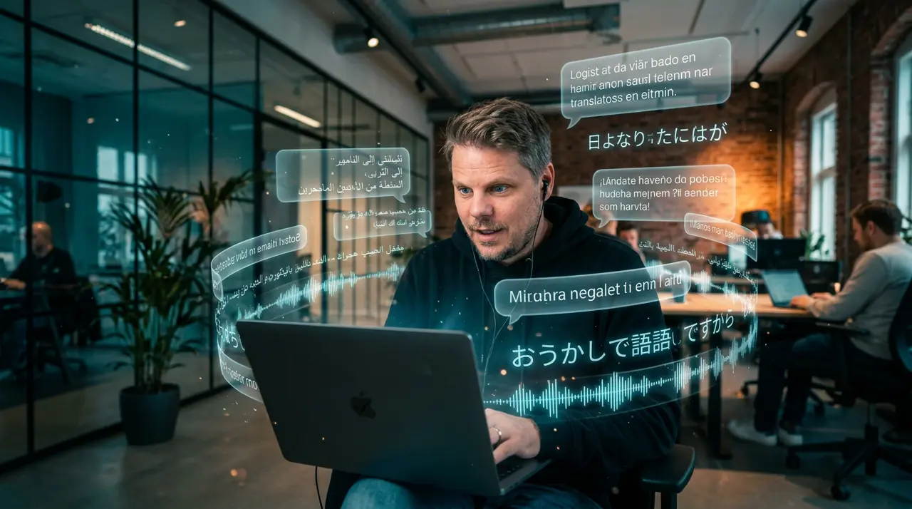 Jan Sverre ser på laptop med flytende flerspråklig tekst og lydbolger rundt skjermen