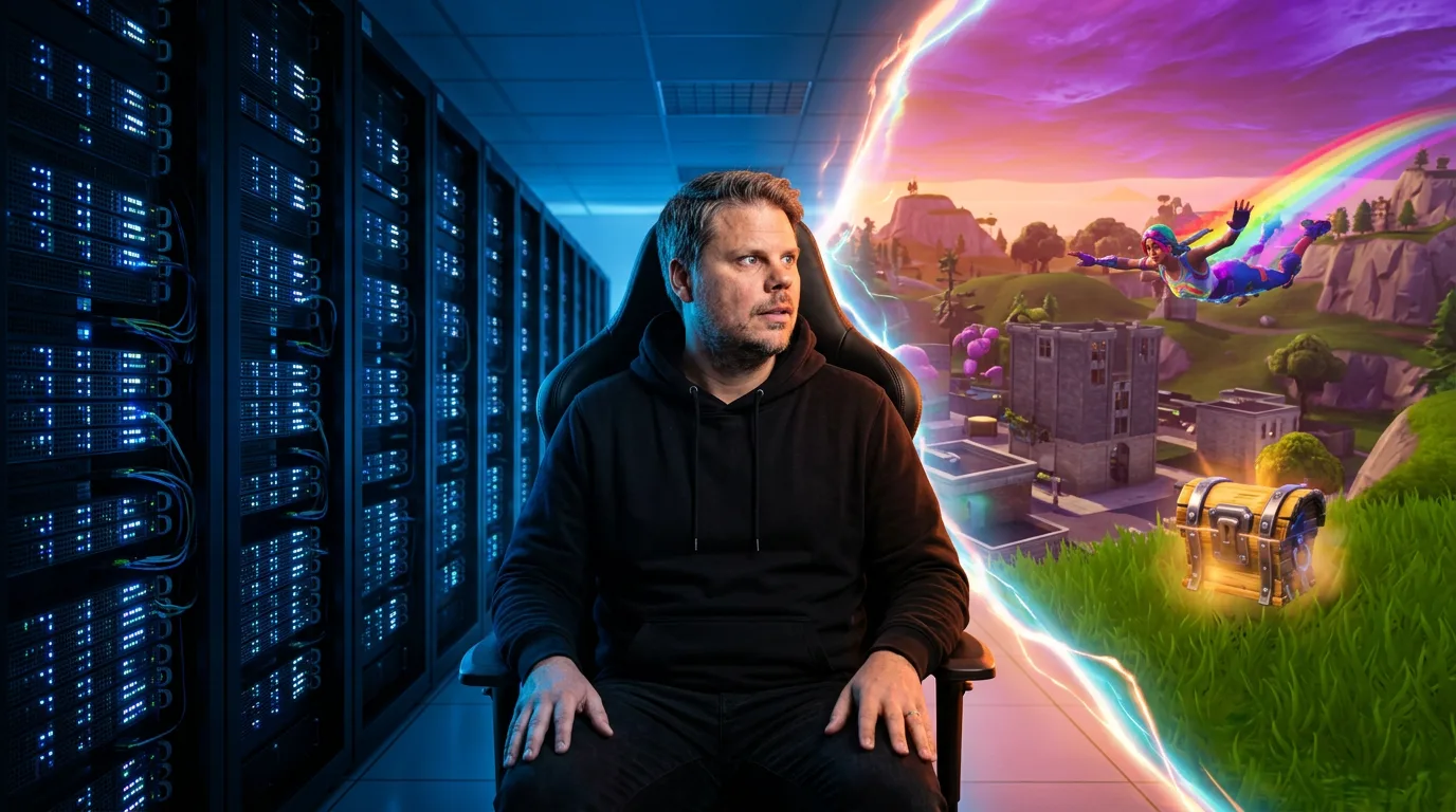 Mann i hettegenser ved grensen mellom en server-hall og en videospillverden, som illustrerer General Intuitions metode for å trene AI på spilldata