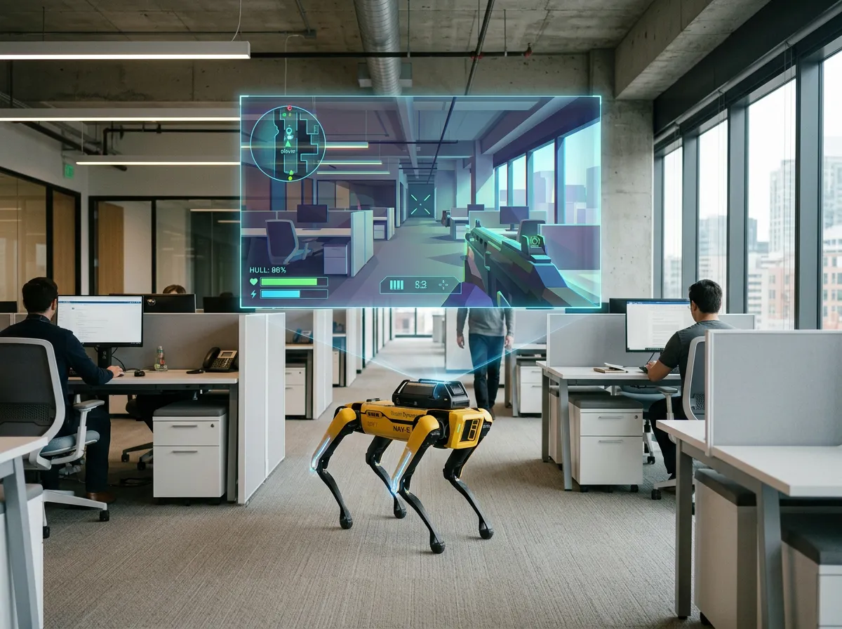 En kvadruped-robot navigerer et kontormiljø, med et holografisk spillverden-overlay som viser hvordan spilltrening overføres til robotnavigasjon