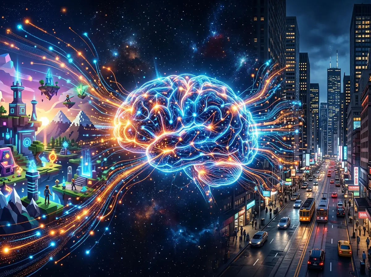 Abstrakt visualisering av en world model AI-hjerne med datastrømmer mellom spillverden og den virkelige verden