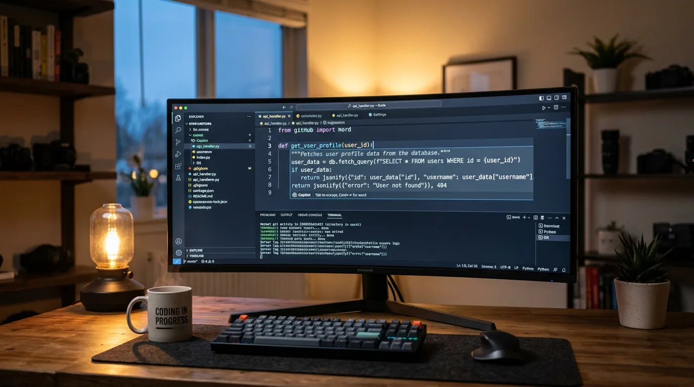 VS Code-editor med GitHub Copilot-forslag som ghost text i kodevisningen