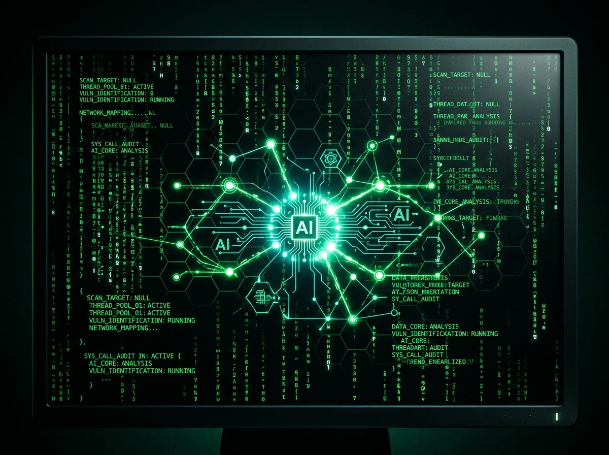 Abstrakt visualisering av frontier AI-modell som analyserer kode og programvaresårbarheter