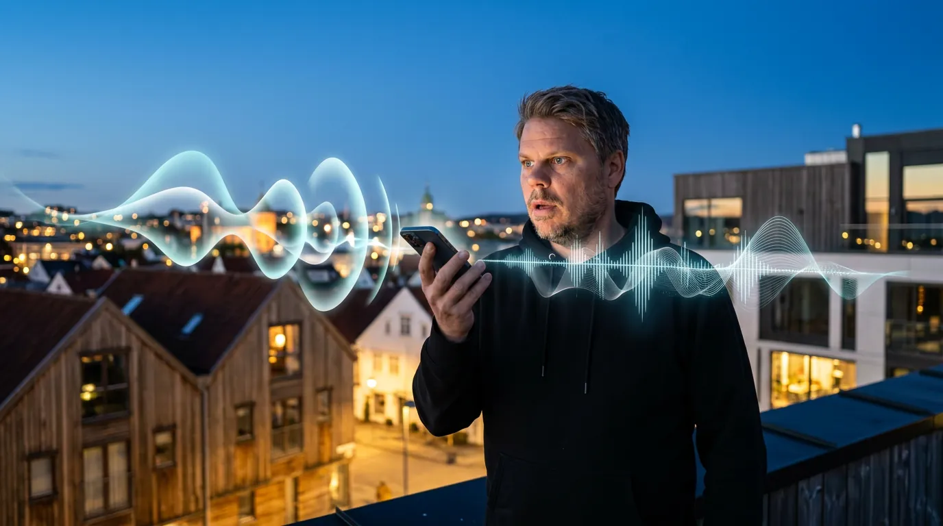 Jan Sverre lytter til GPT-Realtime-2 stemme-API på smartphone ved blåtime i Stavanger