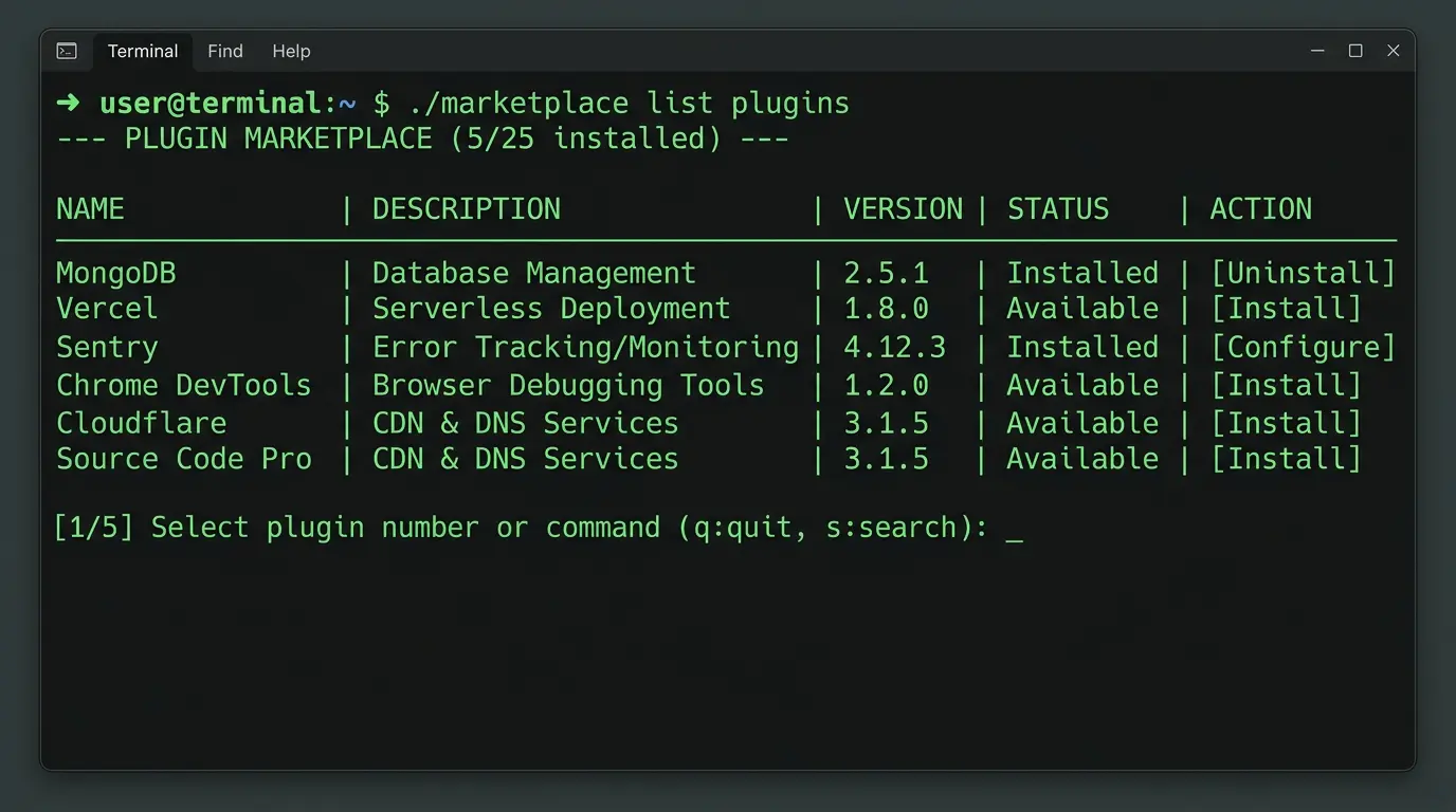Terminalen viser plugin-listen i Grok Build med MongoDB, Vercel og Sentry