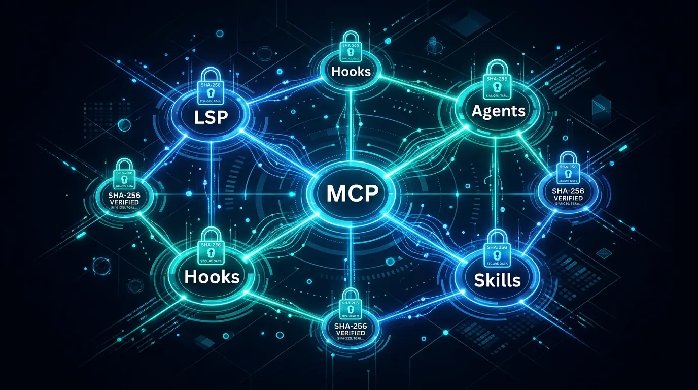 Visualisering av Grok Build plugin-arkitektur med MCP, LSP, hooks og SHA-verifisering