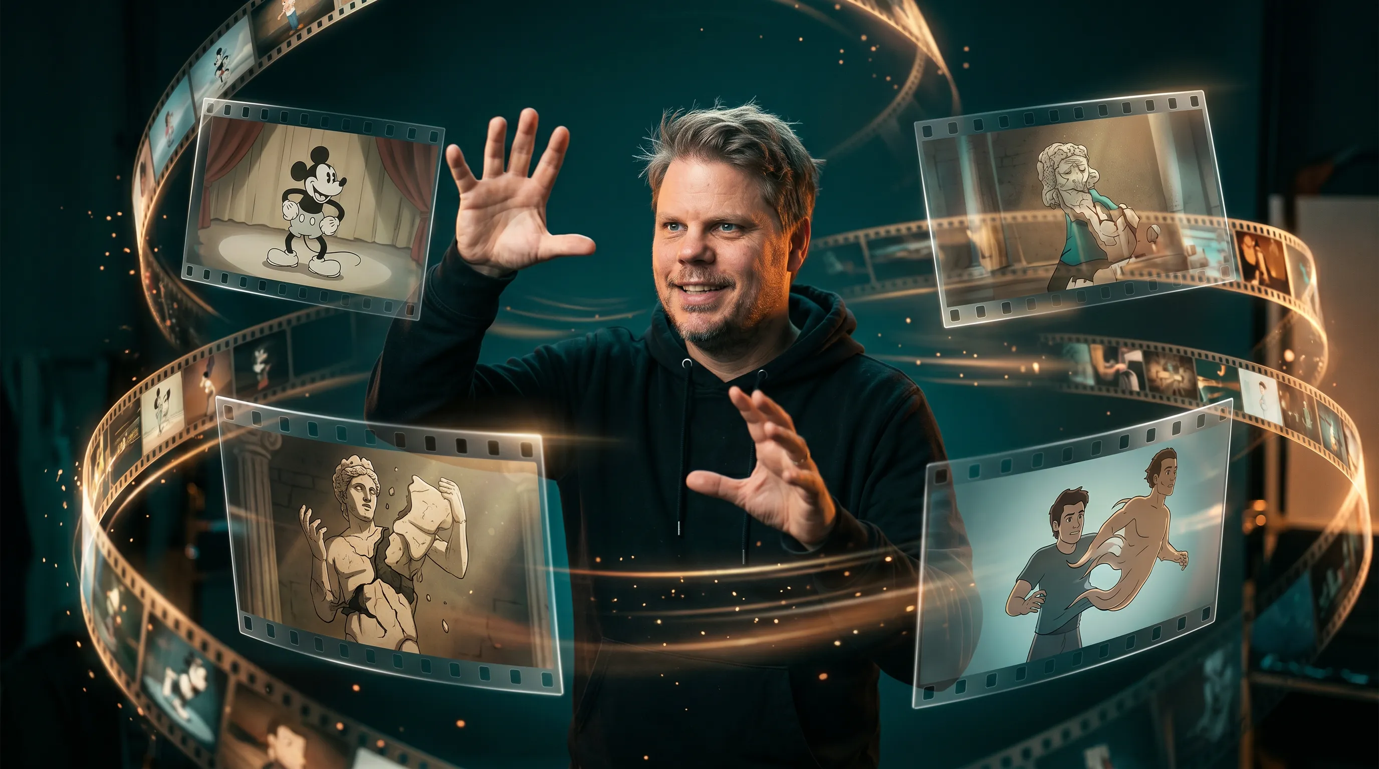 Jan Sverre omgitt av glødende videoklipp og animerte figurer i bevegelse