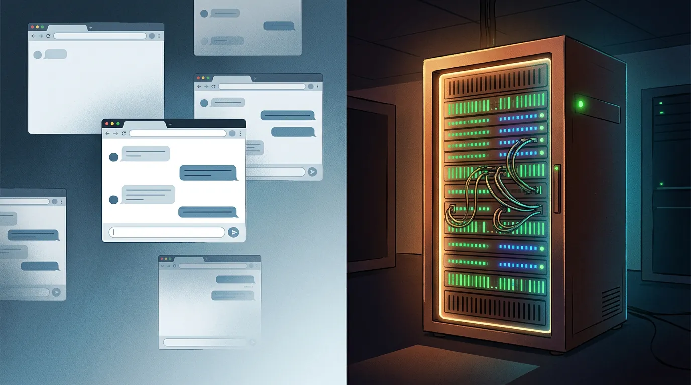 AI-agent bor på server og handler selvstendig, chatbot svarer i nettleser