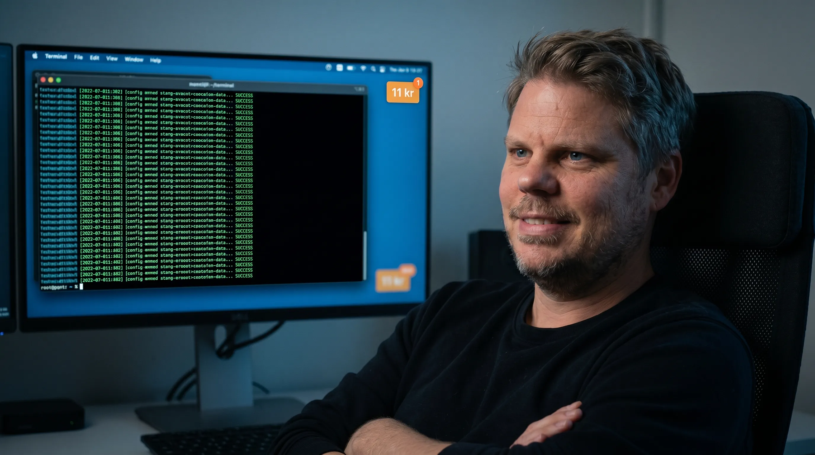 Jan Sverre sjekker terminalen etter en hel dag med Hermes Agent - 668 requests til 11 kroner
