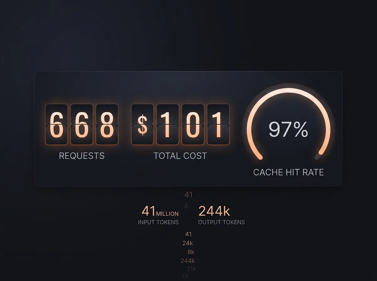 Dashboard som viser kostnadsdata for Hermes Agent - 668 requests, 97% cache hit rate, 11 kroner
