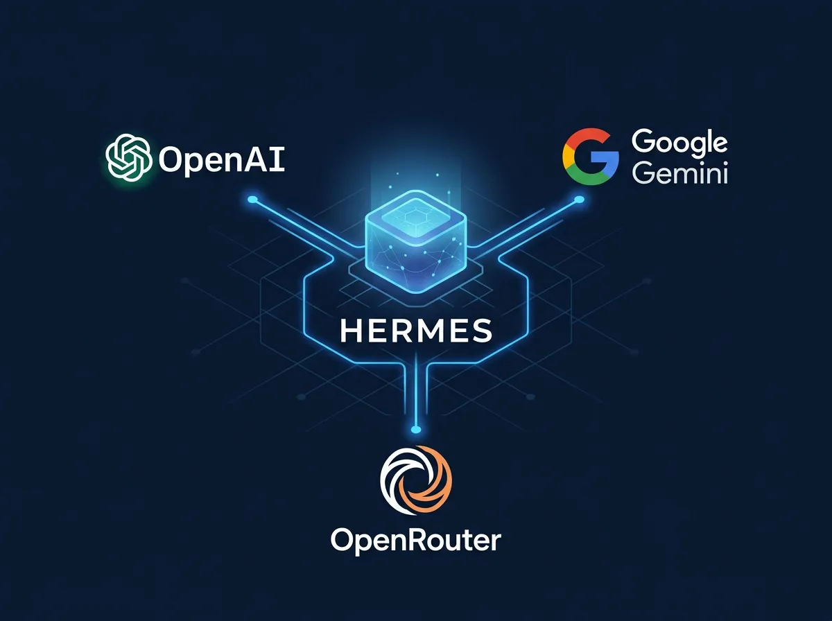 Diagram som viser LLM-alternativene for Hermes Agent - OpenAI, Gemini og OpenRouter koblet til server