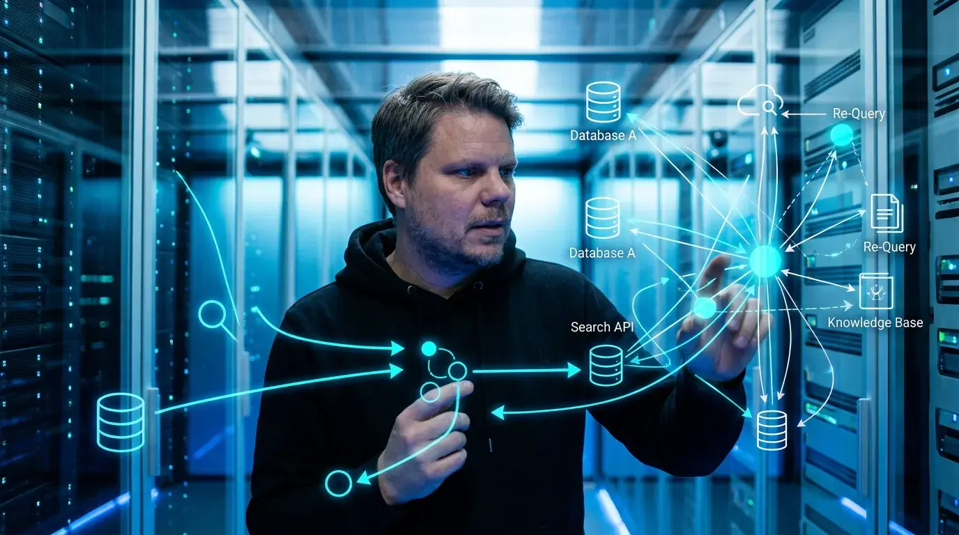 Jan Sverre studerer et nettverk av datanoder som viser agentic RAG og iterativ søking på tvers av datakilder