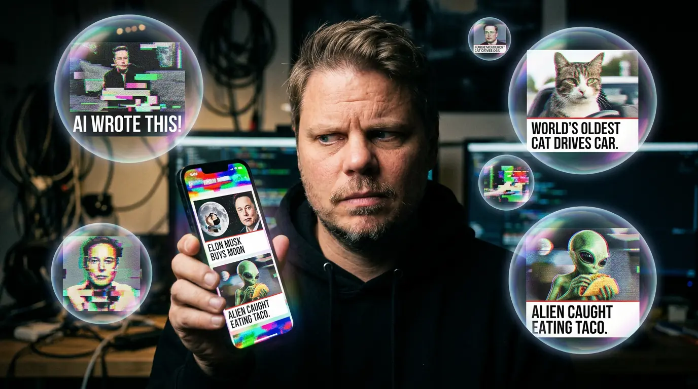 Jan Sverre ser skeptisk på en feed full av AI-genererte clickbait-nyheter