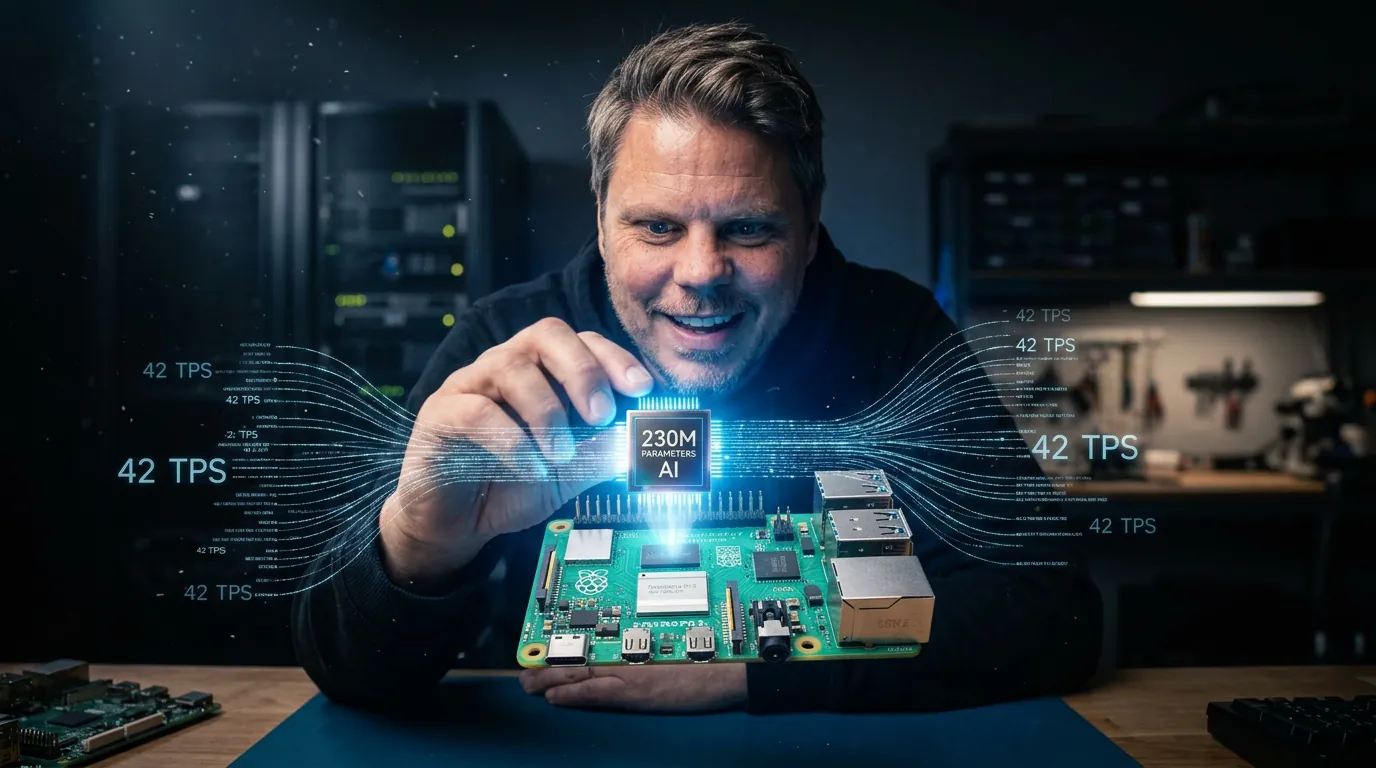 Jan Sverre holder en liten Raspberry Pi med LFM2.5 AI-modell i hendene