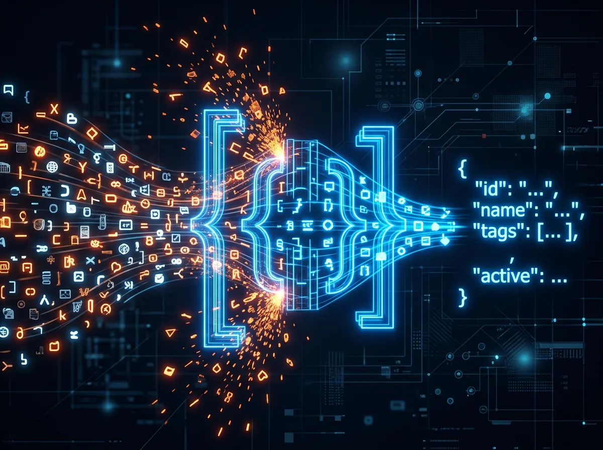 Abstrakt visualisering av schema-constrained decoding der tokens filtreres gjennom JSON-struktur
