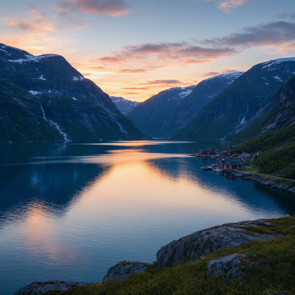 Fotorealistisk norsk fjord i solnedgang generert av MAI-Image-2.5 - snøkledde fjell, blankt vann med speiling og røde hytter ved bredden