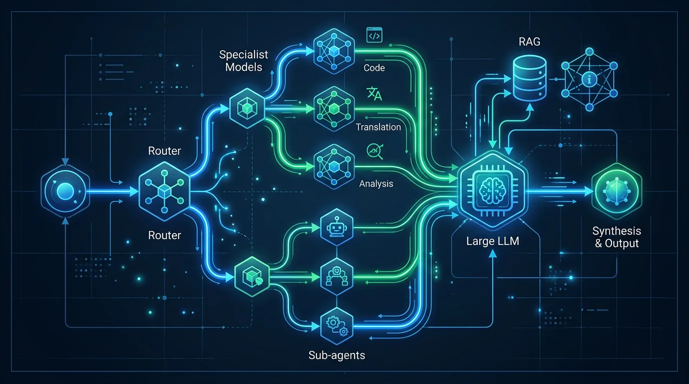 Diagram som viser Mellum2 som spesialist-node i en multi-modell AI pipeline