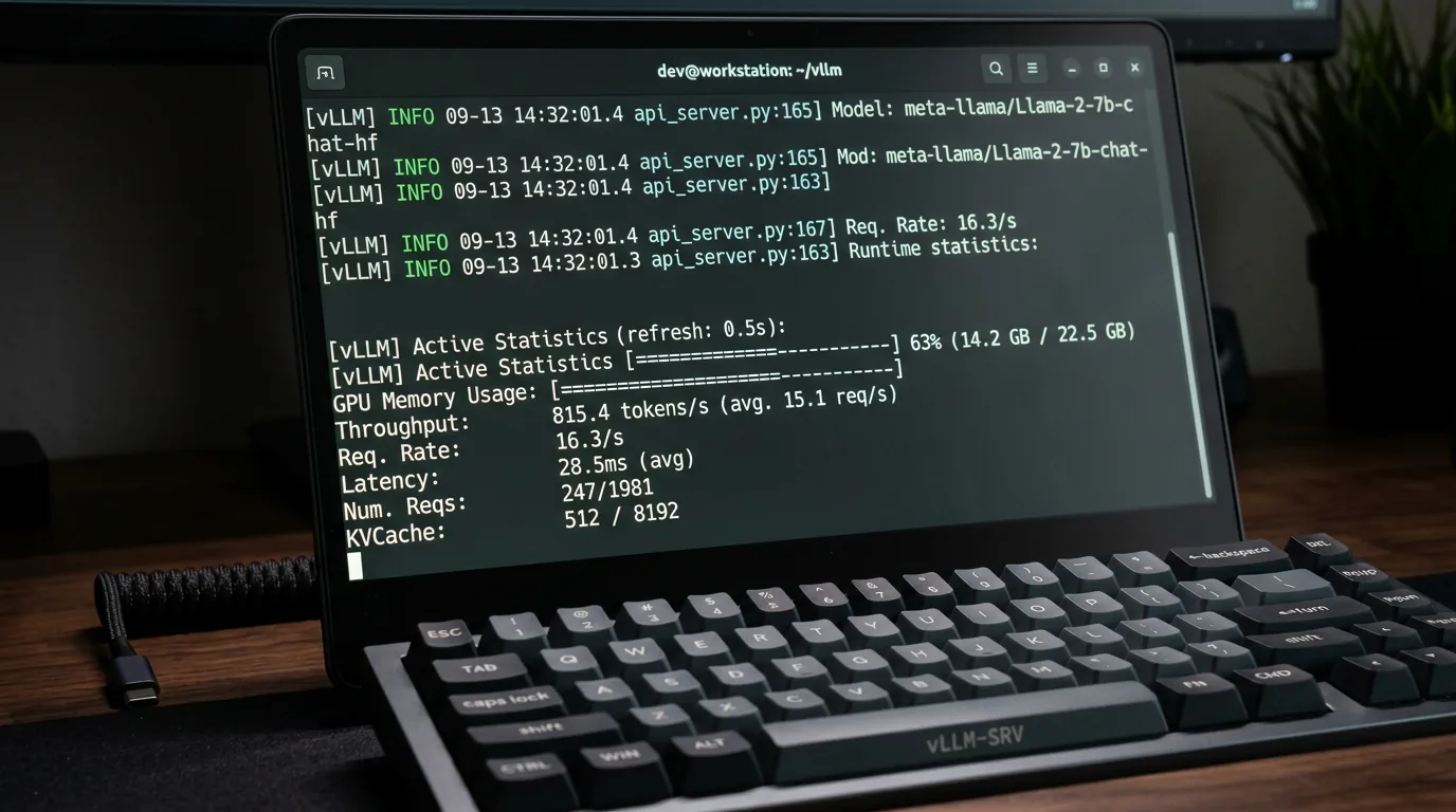 Terminal som viser vLLM serve kommando for Mellum2 med GPU-statistikk