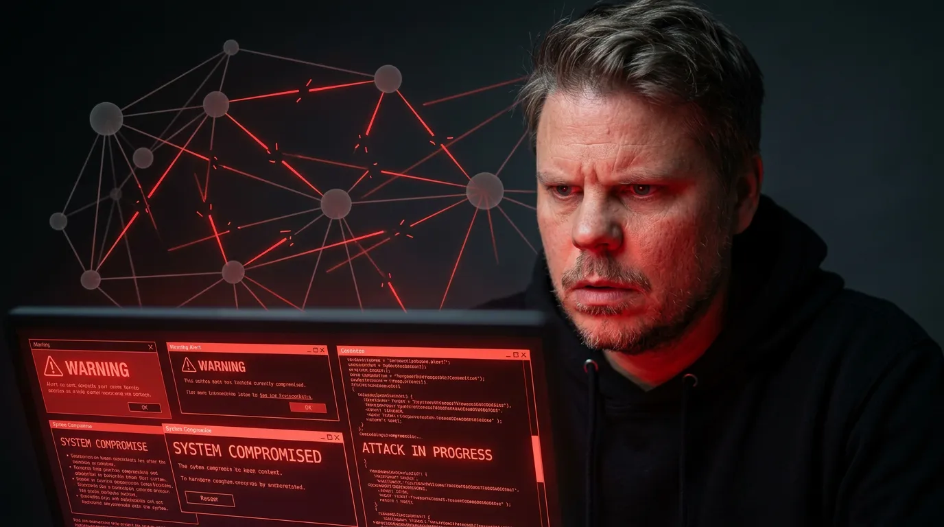 Jan Sverre ser på en laptop-skjerm med røde sikkerhetsadvarsler etter at Microsofts GitHub-verktøy ble hacket