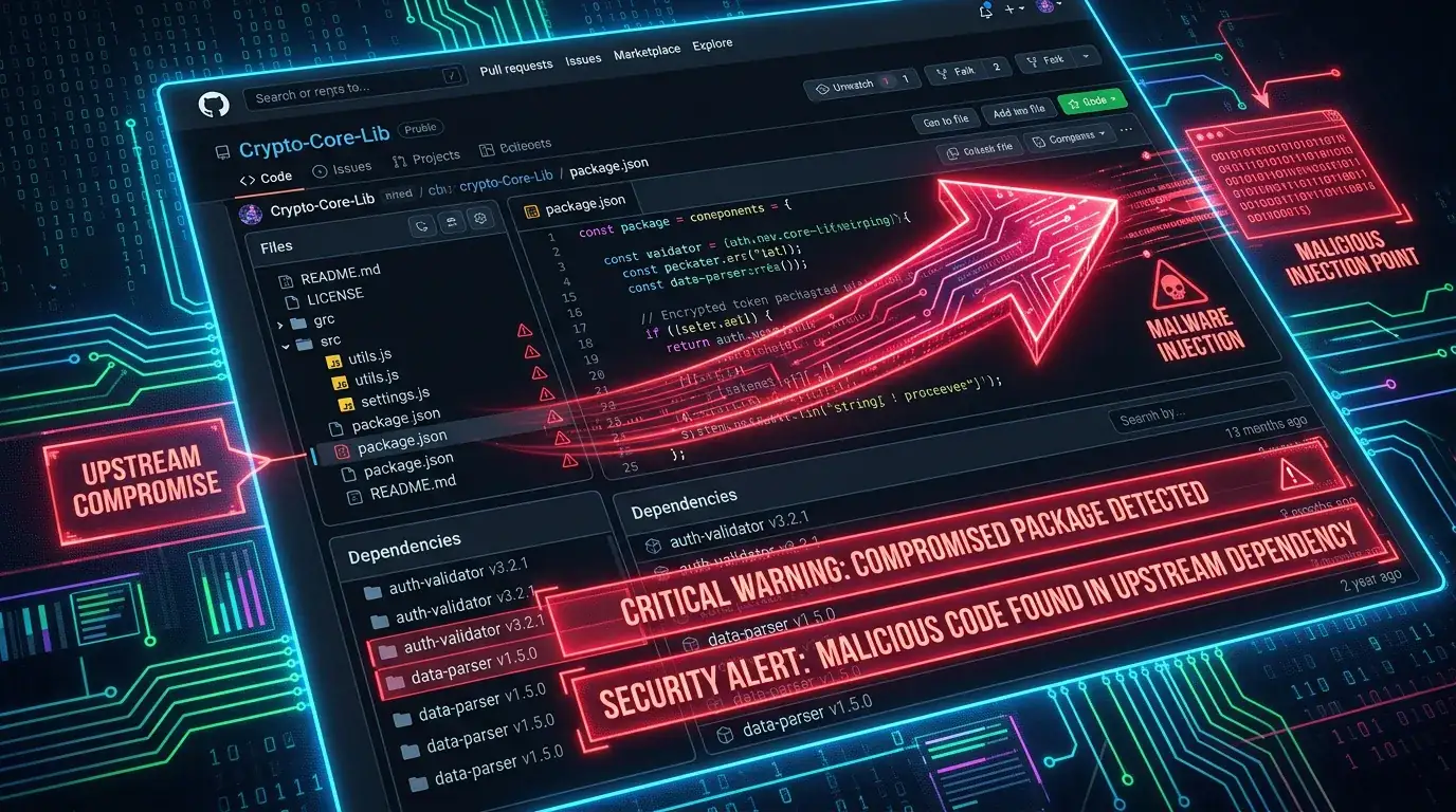 Illustrasjon av supply chain-angrep: malware injisert i open source GitHub-pakker