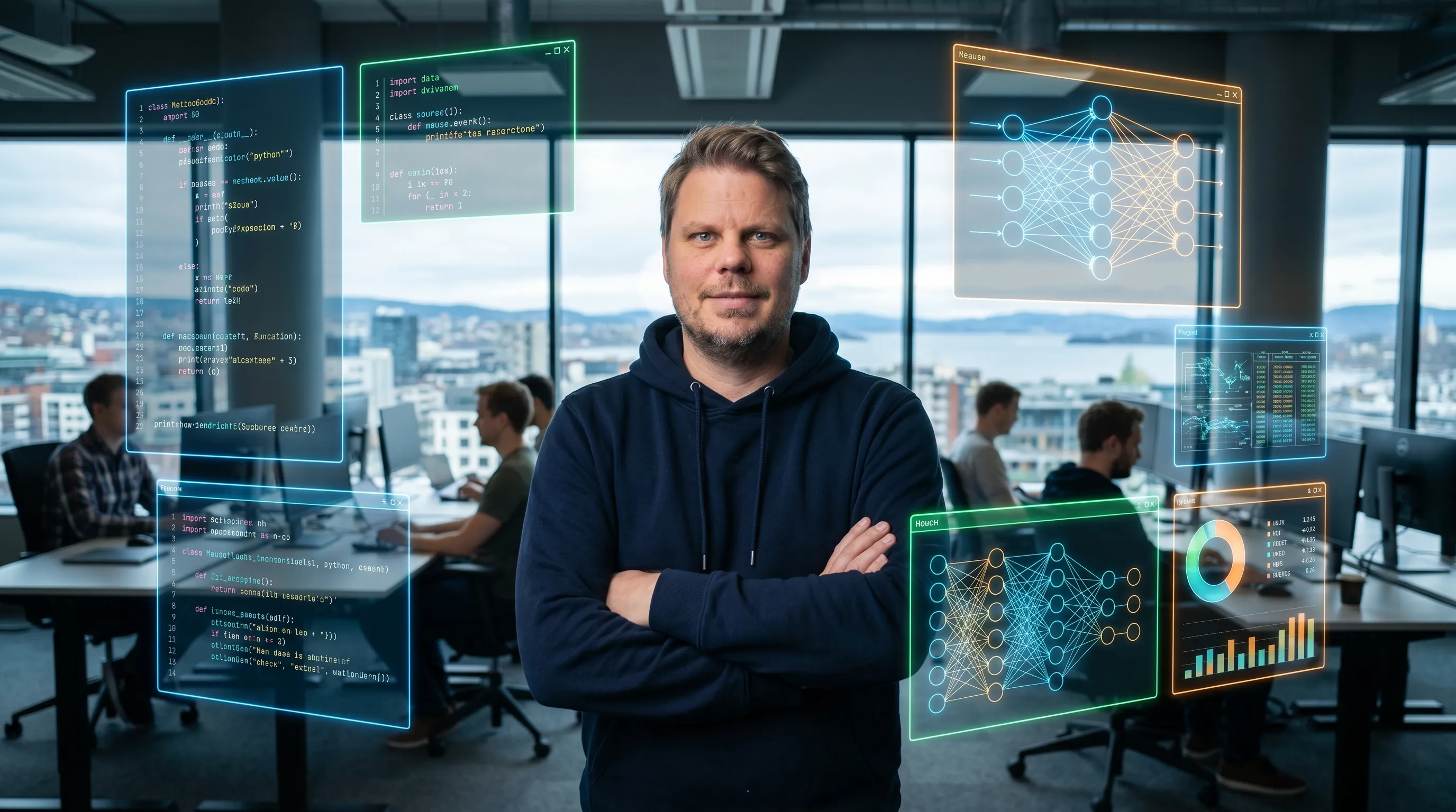 Jan Sverre ser på holografiske kodepaneler i et moderne Oslo-kontor - Microsofts MAI-modeller forklart