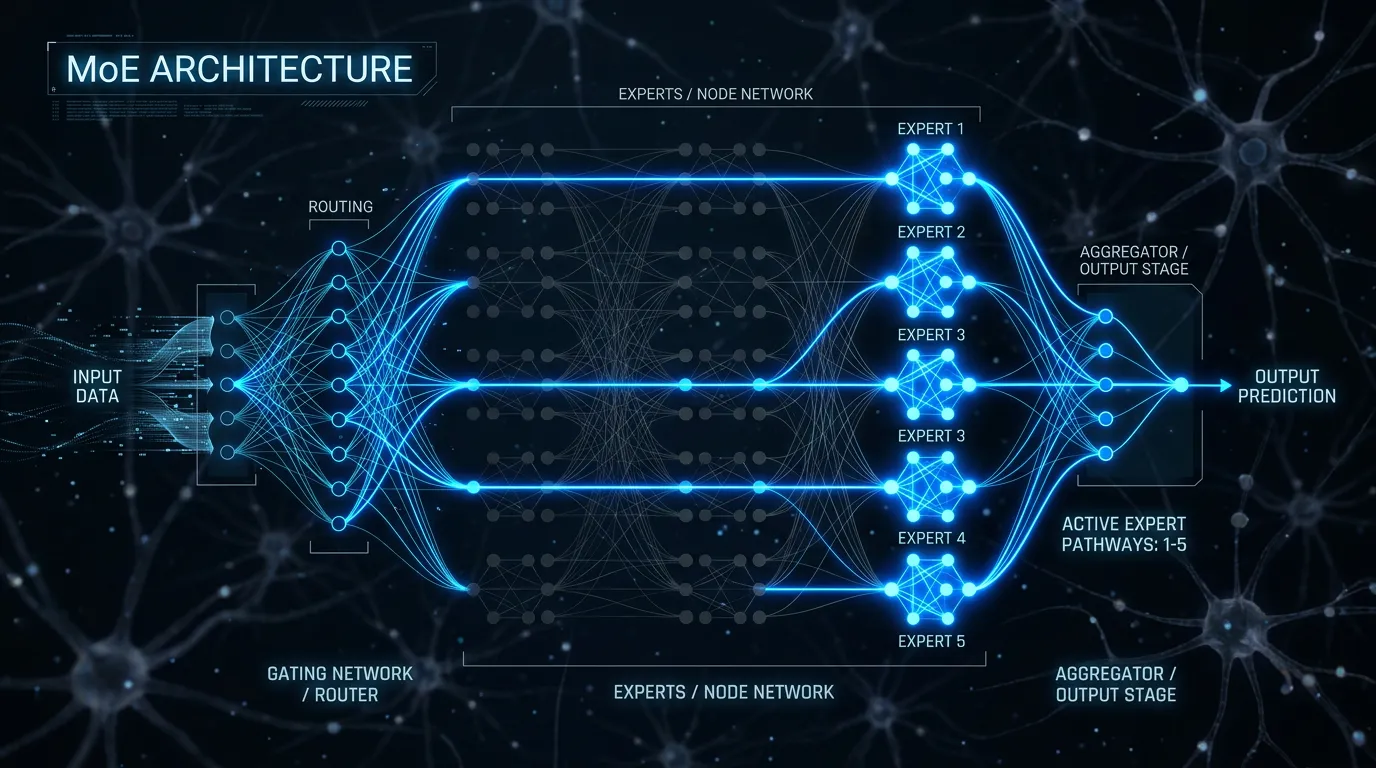 Visualisering av Mixture of Experts-arkitektur der kun en liten del av nettverket er aktivt under inferens