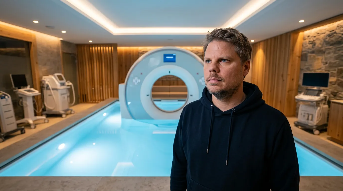 Jan Sverre ser på en futuristisk fullkropps ultralydsscanner i et medisinsk spa-miljø