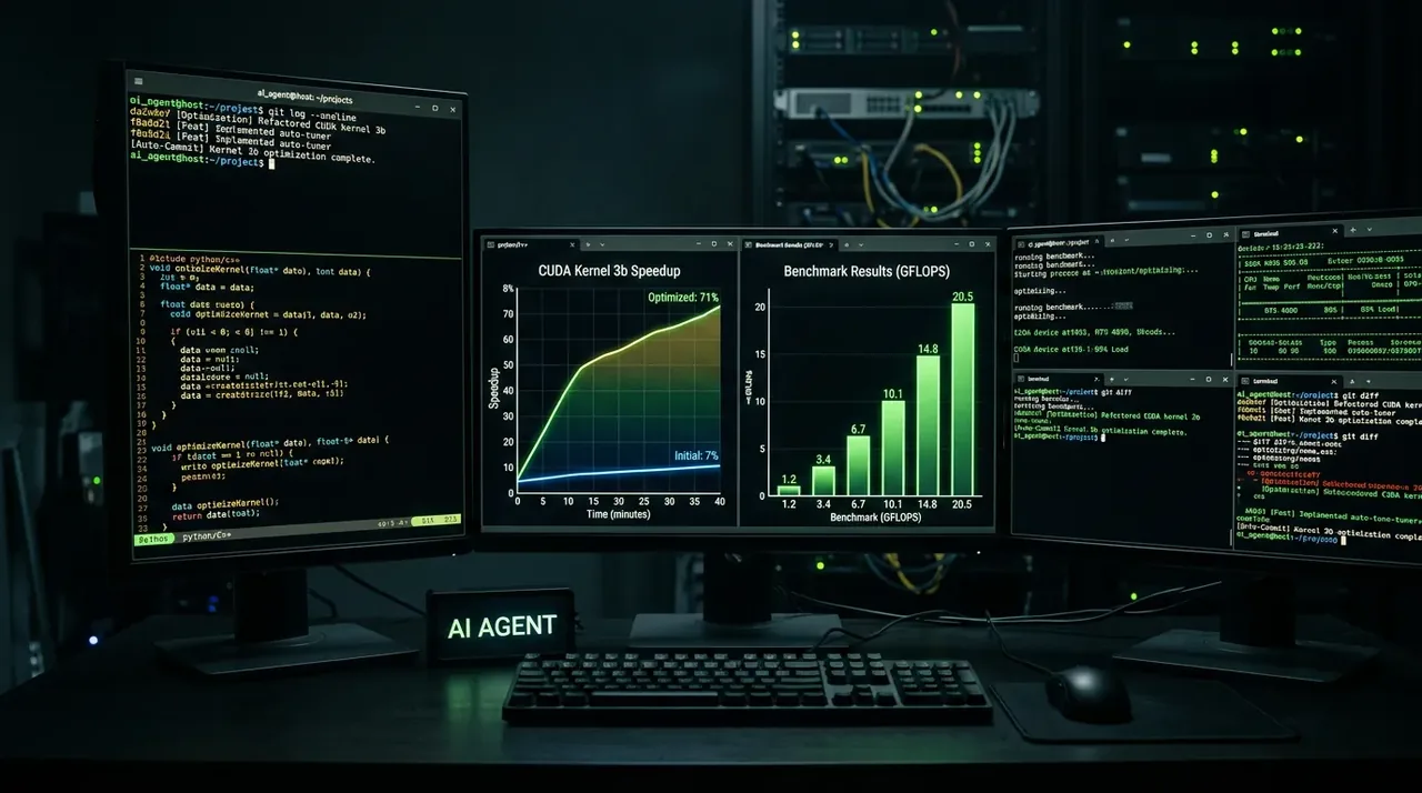 AI-agent som autonomt kjører kode med terminal-vinduer og benchmark-grafer som viser massiv speedup