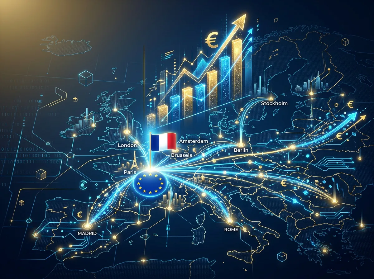 Visualisering av europeisk AI-finansiering med euro-symboler og Paris i bakgrunnen