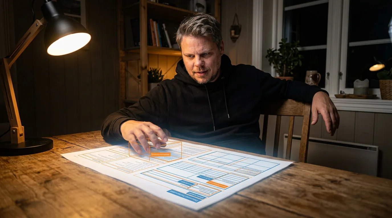 Jan Sverre studerer et dokument med annoterte bounding boxes og strukturert OCR-output