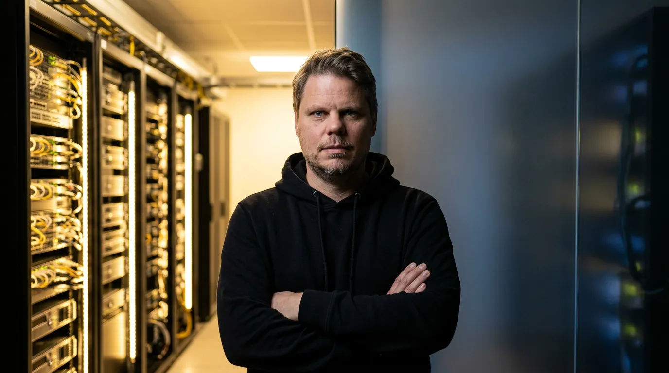 Jan Sverre foran et delt bilde av et eksklusivt serverrom og et begrenset rom - illustrasjon av to-lags AI-tilgang