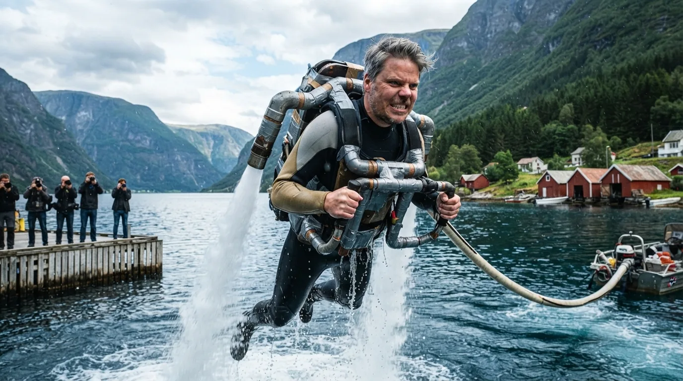 Jan Sverre med jetpack - testbilde fra Nano Banana Lite