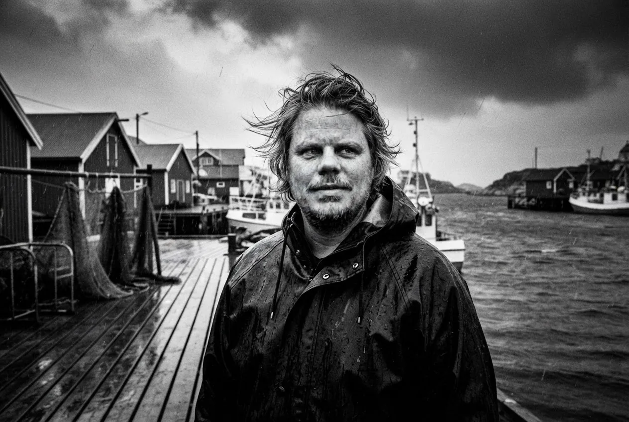 Svart-hvitt foto paa brygge - testbilde fra Nano Banana Lite