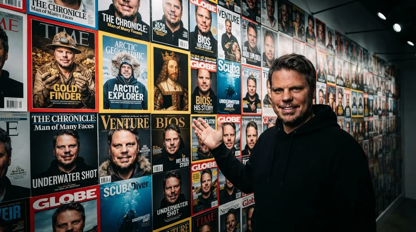 Jan Sverre foran en vegg av magasinforsider som alle viser ansiktet hans i ulike stiler - test av Nano Banana Lite sin identitetskonsistens