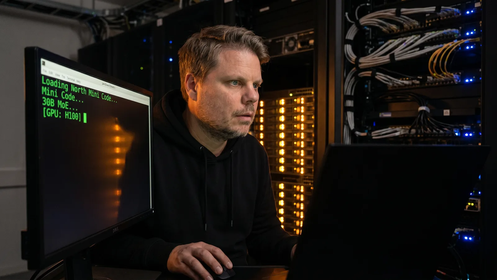 Jan Sverre ser på kode på en terminal i et serverrom, belyst av LED-lys fra rackmonterte servere