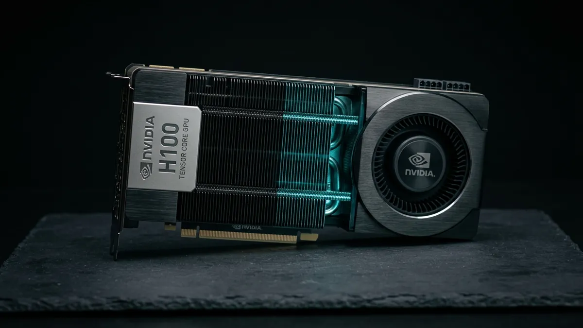 NVIDIA H100 GPU med teal-blå glow, produktfotografi, representerer minimumskravet for å kjøre North Mini Code lokalt