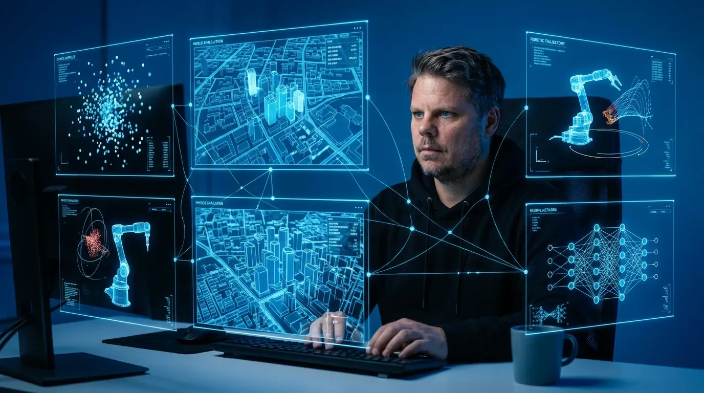 Jan Sverre ser på holografiske skjermer som viser AI-simulering av den fysiske verden - world models