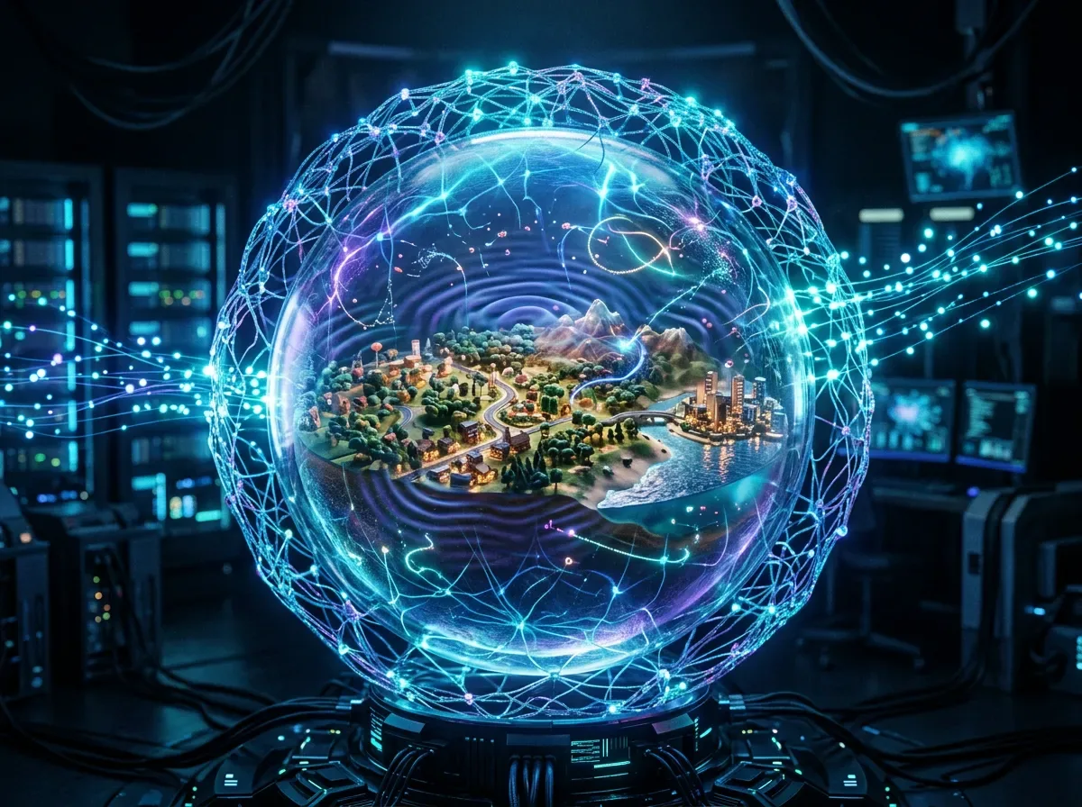 Illustrasjon av en AI world model - en transparent sfære som simulerer den fysiske verden med fysikk og nevrale nettverk