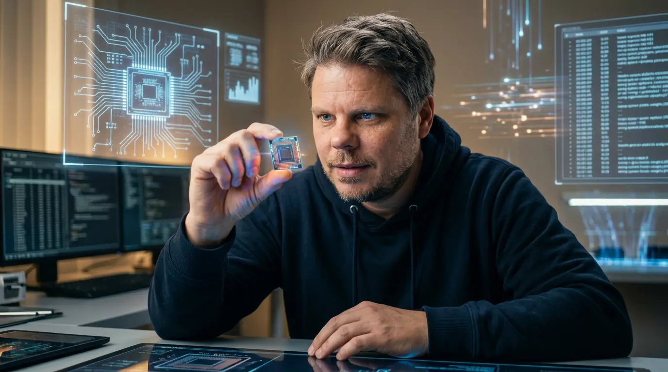 Jan Sverre holder og undersøker en glødende AI-inferens-chip fra OpenAI og Broadcom