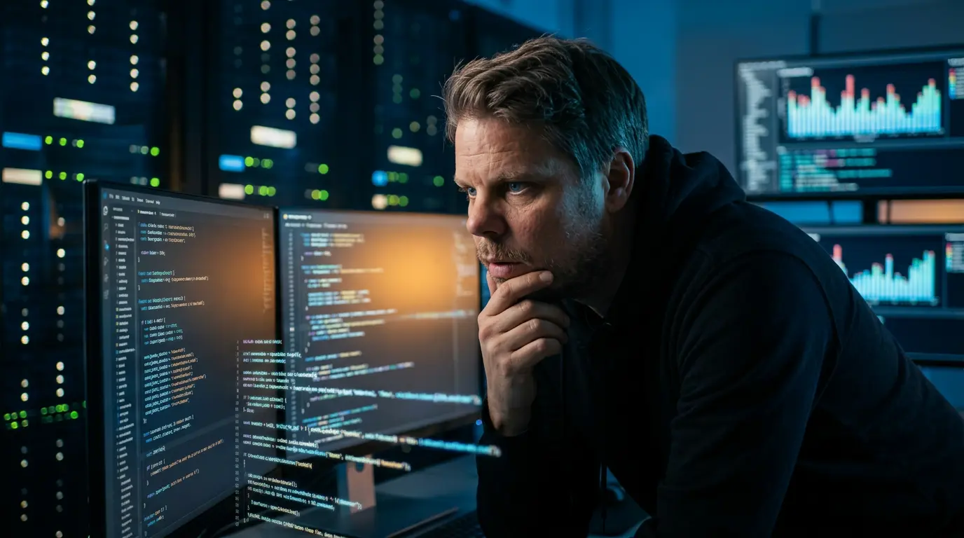 Jan Sverre studerer kode på skjermer i et serverrom, symboliserer AI-drevet sikkerhetsskanning av åpen kildekode
