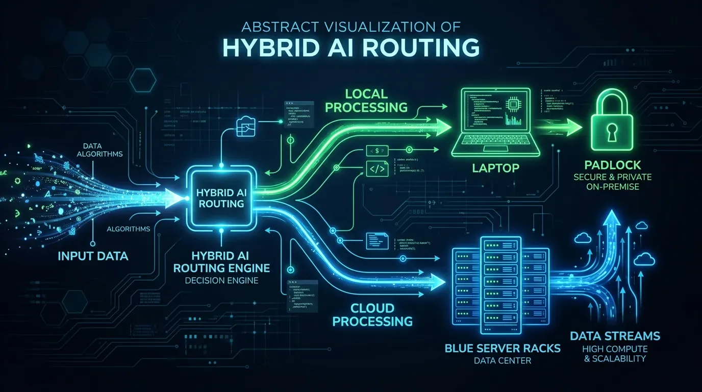 Diagram som viser hvordan AI-oppgaver rutes mellom lokal PC og skyservere