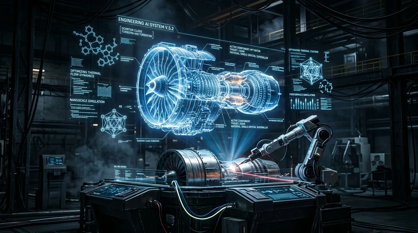 Holografisk AI-ingeniørgrensesnitt med jetmotor-blueprint og datastimer