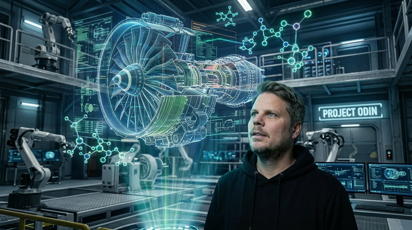 Mann i hettegenser ser på holografisk jetmotor-blueprint - Prometheus physical AI