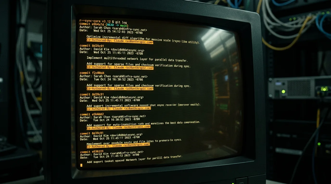 Terminal som viser git log med Co-Authored-By: Claude commits i rsync-kodebase