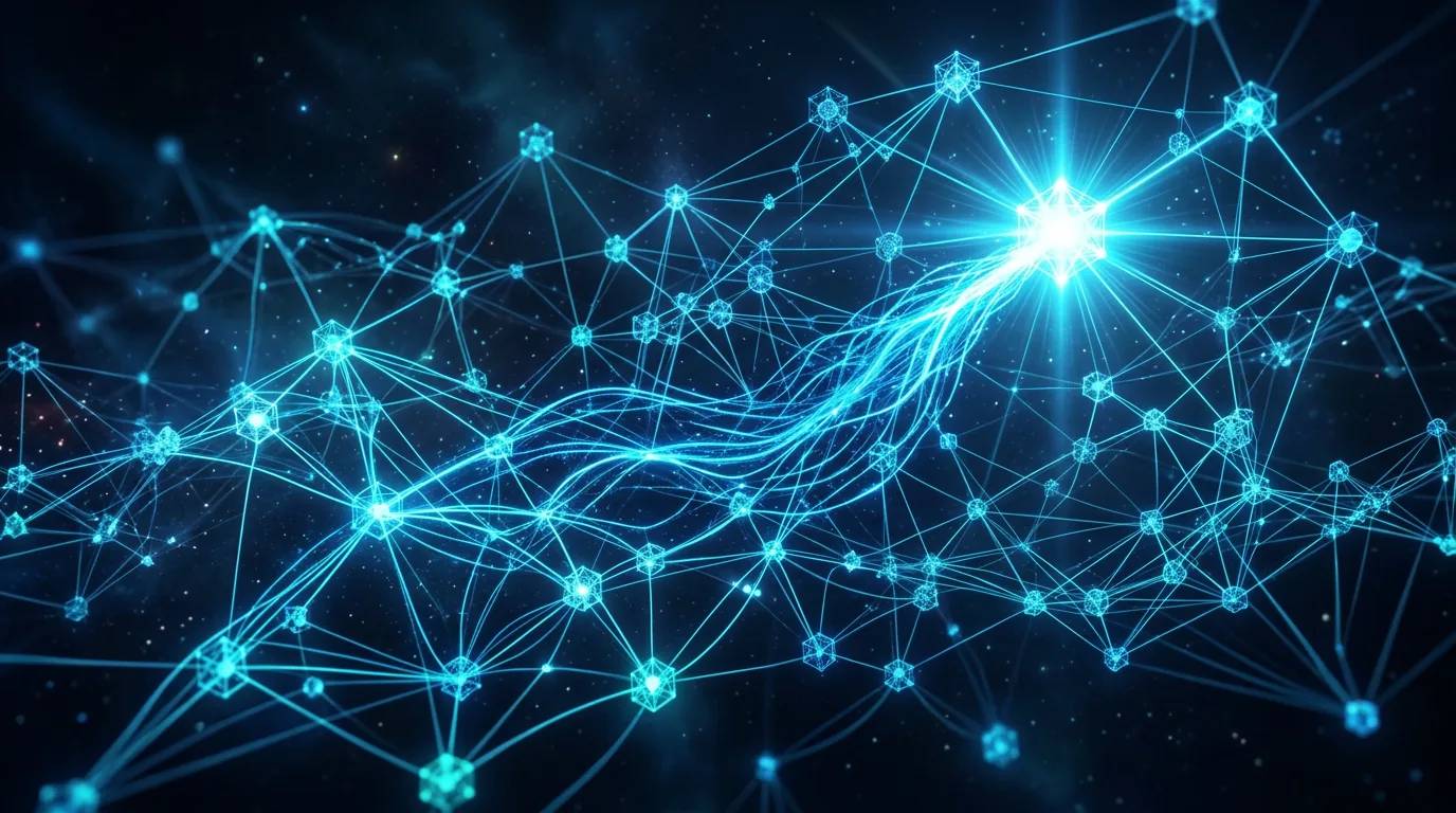 Abstrakt visualisering av open source infrastruktur og AI-bidrag i nettverksform