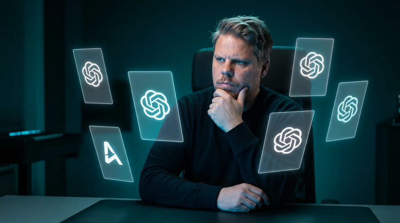 Jan Sverre ser skeptisk på holografiske AI-modell-kort som svever rundt ham ved skrivebordet