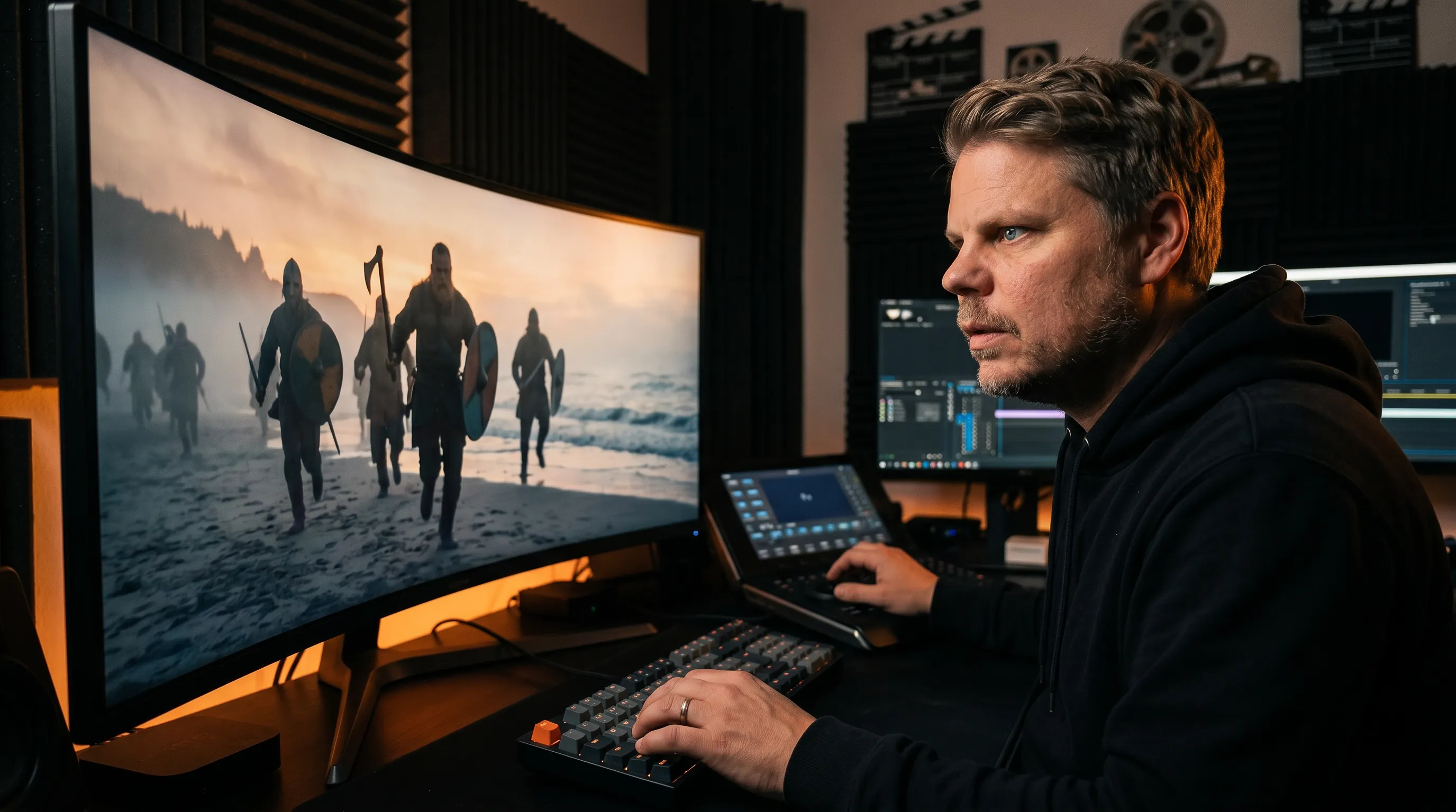 Jan Sverre følger med på cinematisk AI-generert video i et mørkt redigeringsrom